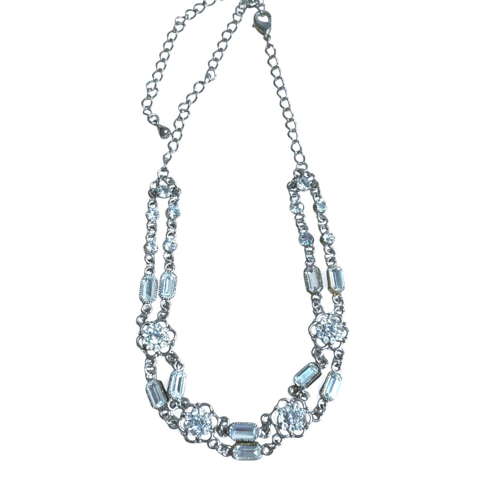 Double Strand Silver Tone Sparkly Clear Rhinestone Flower Collar Necklace